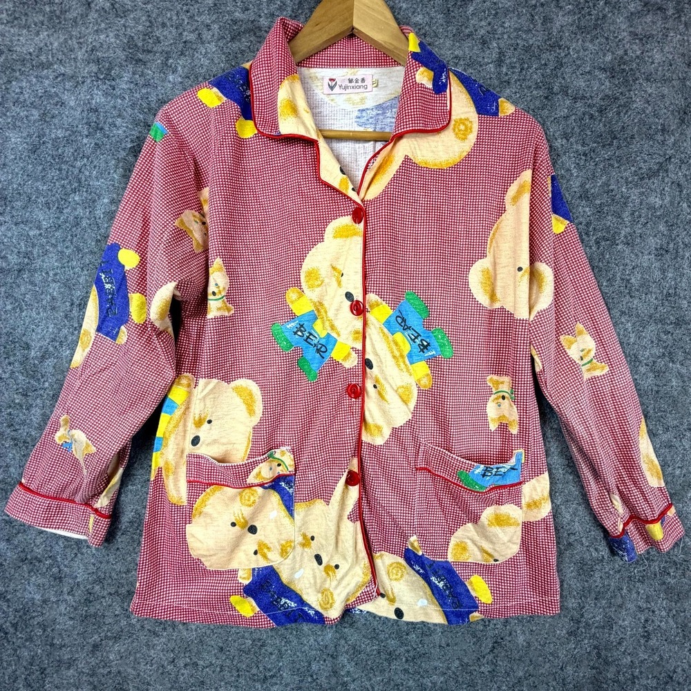 Vintage YUJinxiang Pajama Top Womens XL Red Gingham Bear Rabbit Button Front‎
